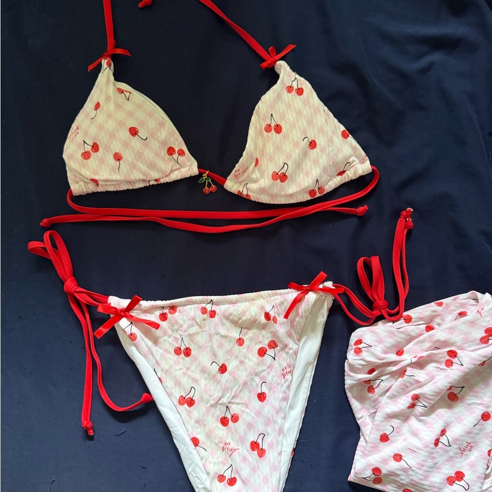 Betsey Johnson Cherry Print Bikini with Red Ties
